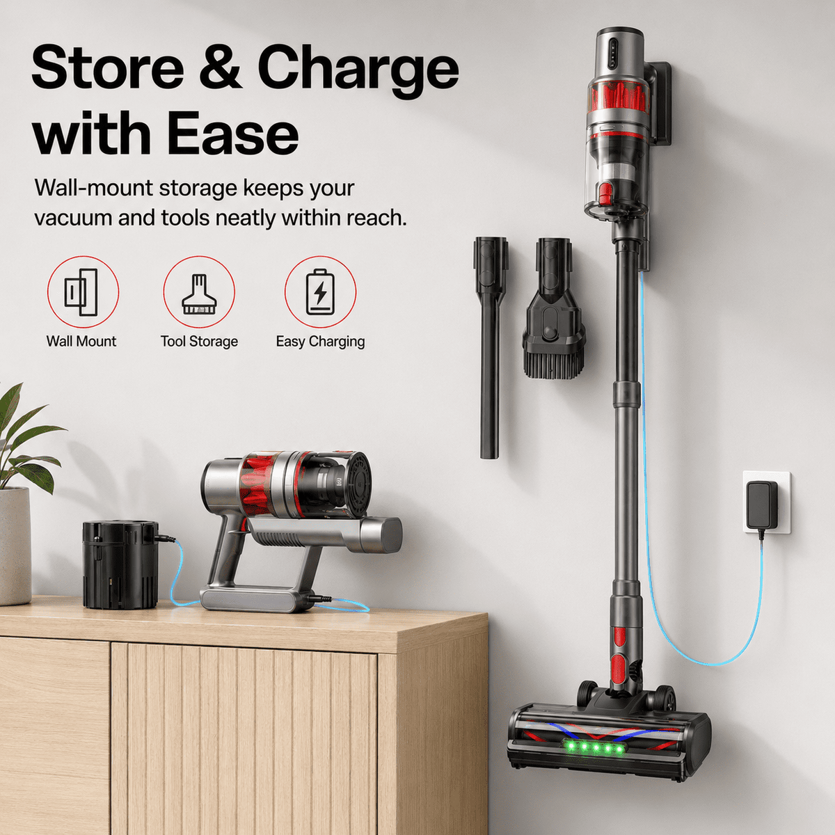 AMUMU 600W Cordless Stick Vacuum with 50KPa Suction – Gray