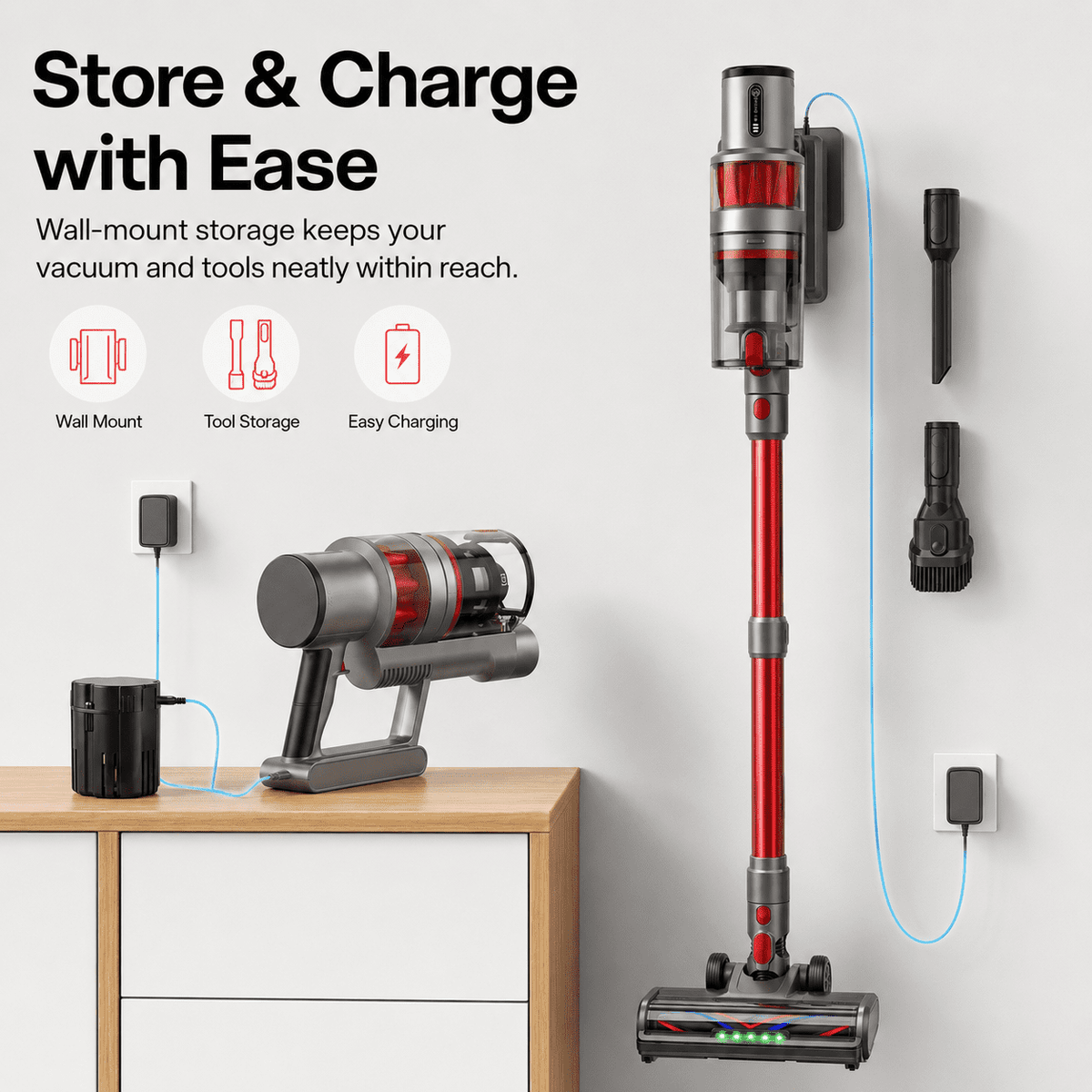 AMUMU 600W Cordless Stick Vacuum with 50KPa Suction – Red