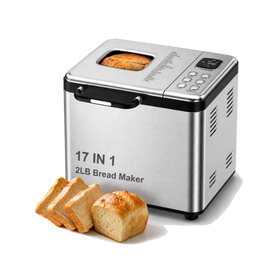 Bread Maker, 17-in-1 2LB Amumu Automatic Bread Machine, LCD Display, Beginner-Friendly Controls, Nonstick Pan, Delay Timer, Keep Warm, Stainless Steel, Silver