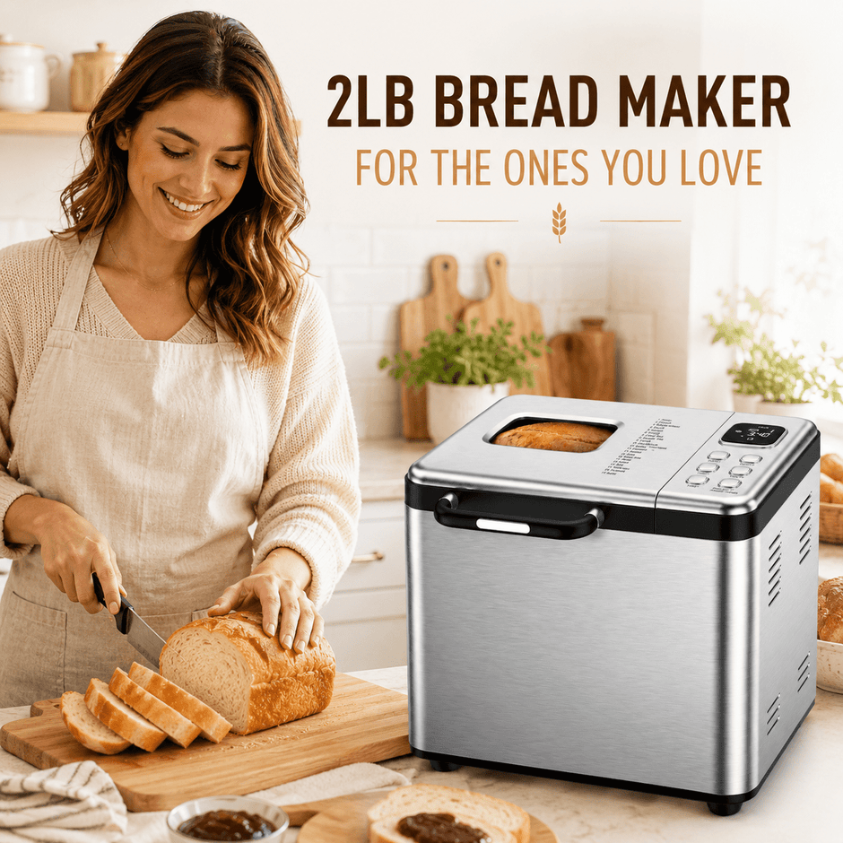 Bread Maker, 17-in-1 2LB Amumu Automatic Bread Machine, LCD Display, Beginner-Friendly Controls, Nonstick Pan, Delay Timer, Keep Warm, Stainless Steel, Silver