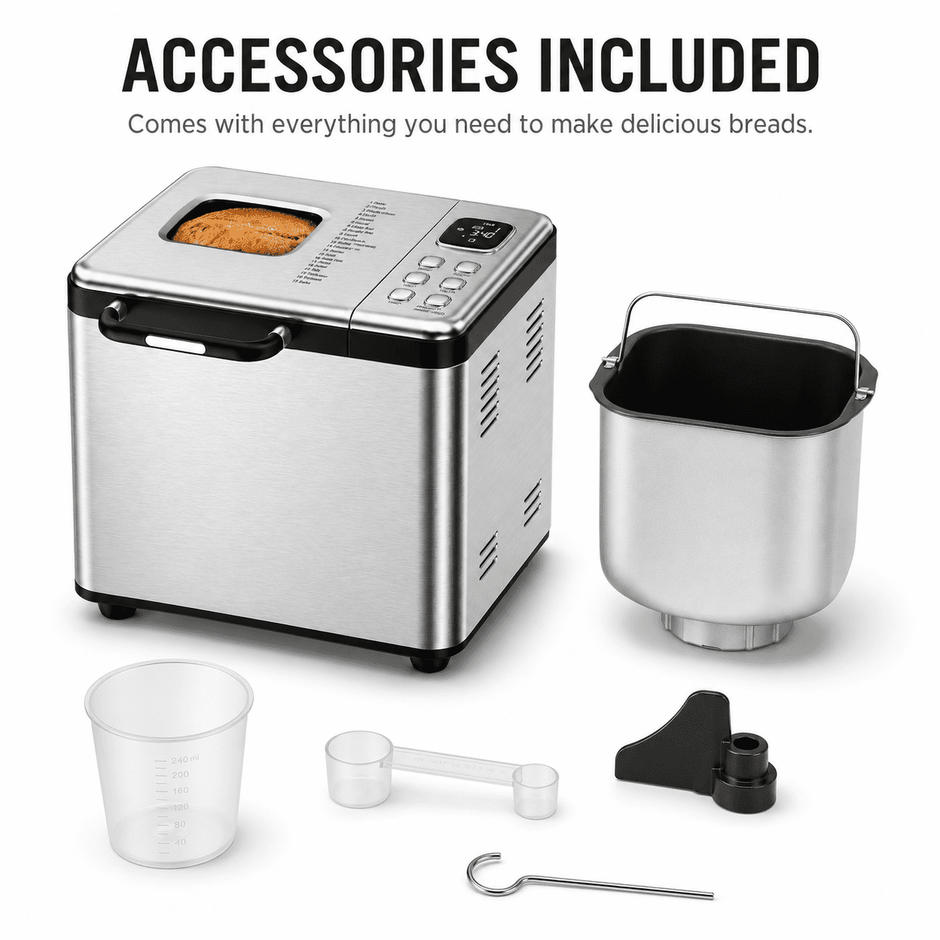 Bread Maker, 17-in-1 2LB Amumu Automatic Bread Machine, LCD Display, Beginner-Friendly Controls, Nonstick Pan, Delay Timer, Keep Warm, Stainless Steel, Silver
